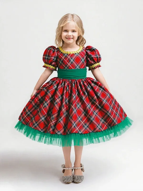 A-Line/Princess Scoop Short Sleeves Plaid Christmas Dresses for Girls WIth Sash sold by Lavetir