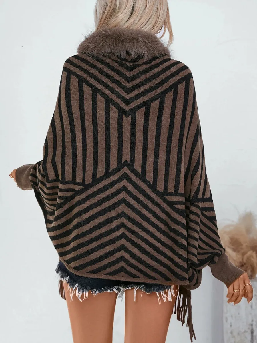Women's Vintage Striped Knitted Chic Shawl Cape with Fur & Tassels sold by Lavetir product image thumbnail 2