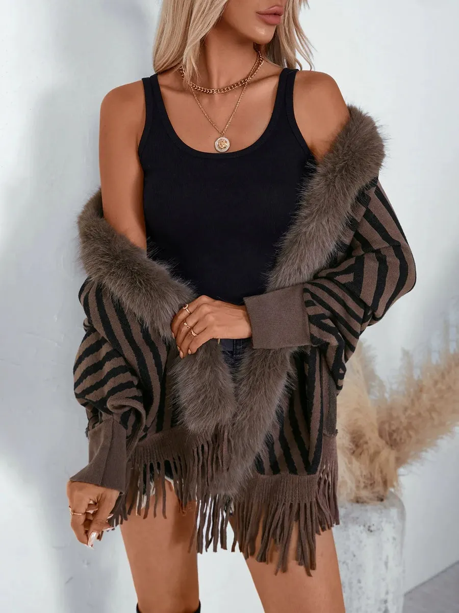 Women's Vintage Striped Knitted Chic Shawl Cape with Fur & Tassels sold by Lavetir product image thumbnail 3