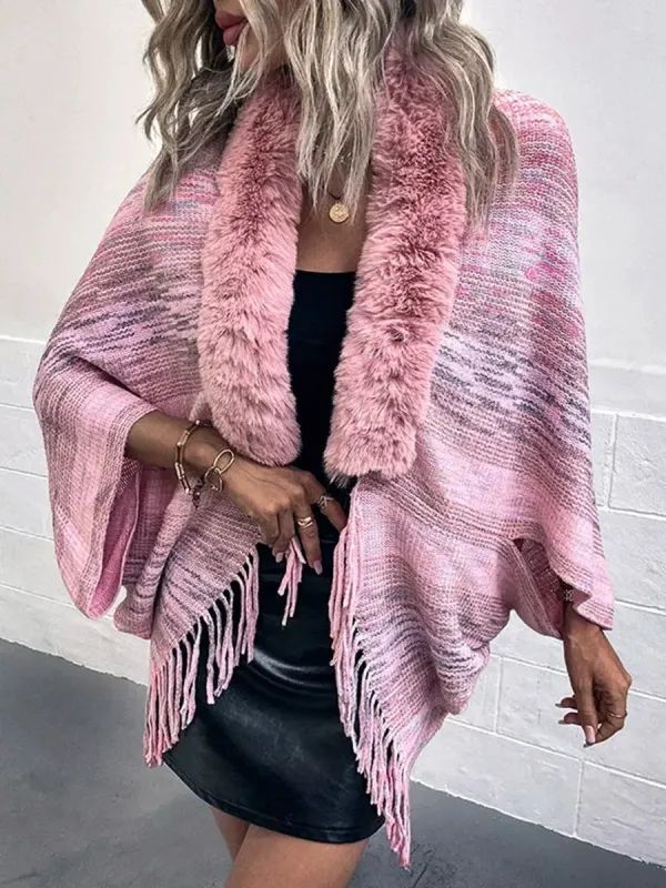 Chic Retro Striped Knitted Long Party Cape Shawl with Tassel for Women sold by Lavetir