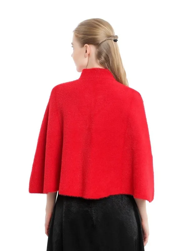 Women's Elegant Knitted Solid Color Cape Shawl with Button sold by Lavetir