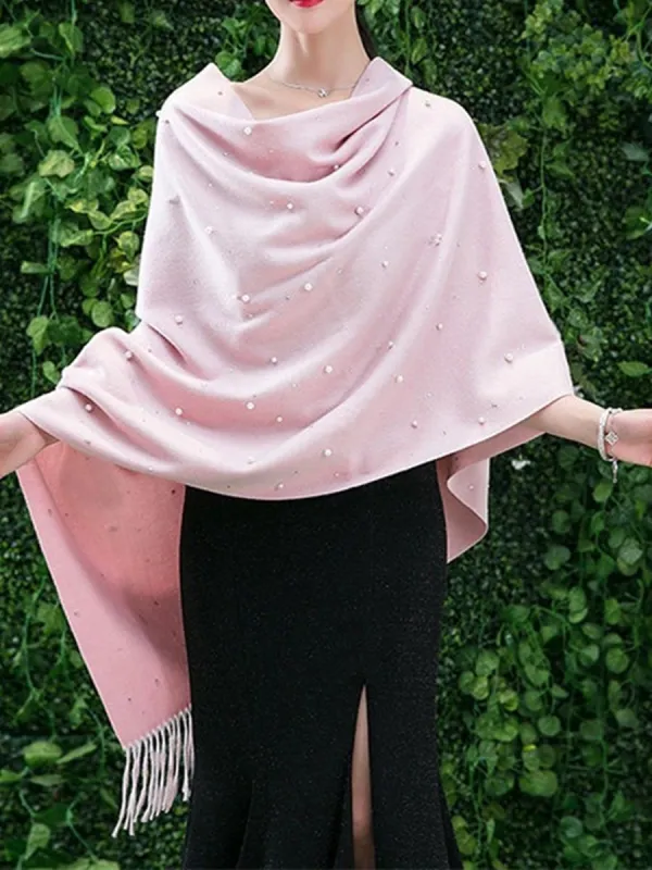 Women's Cashmere Solid Colored Scarf Casual Shawl with Pearls & Tassels sold by Lavetir