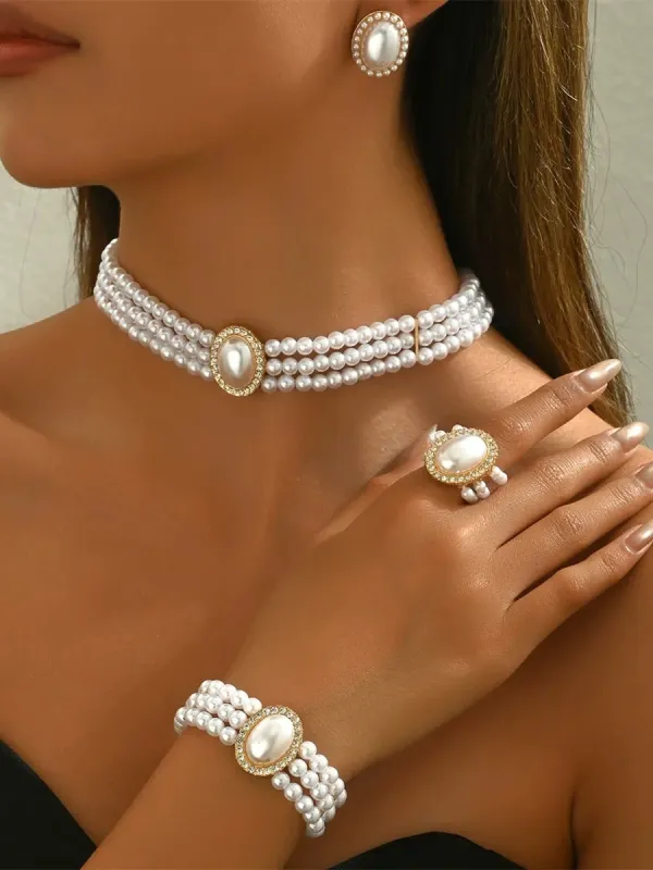 White Women's Alloy Jewelry Set with Pearls & Crystals sold by Lavetir