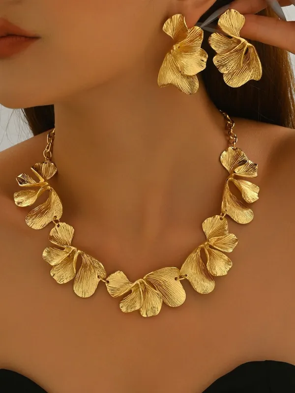 Women's Ginkgo Leaf Necklace Earrings Jewelry Set with Ruffles sold by Lavetir