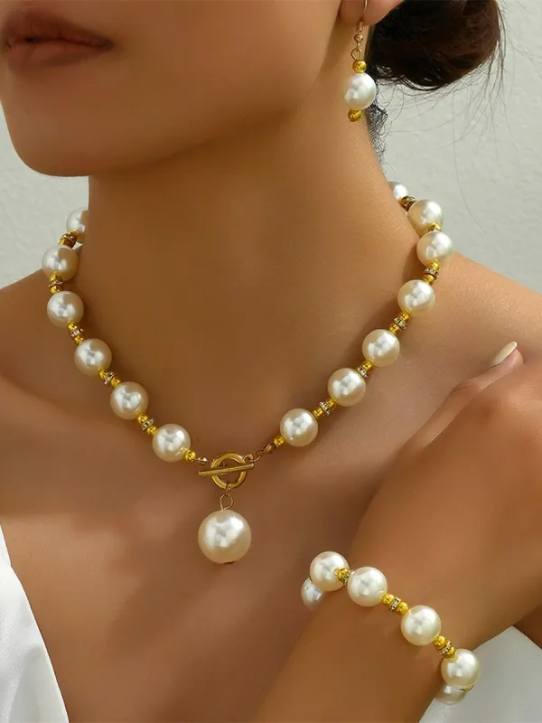 Women's High-End Necklace Earrings Bracelet Jewelry Set with Pearls made by Lavetir