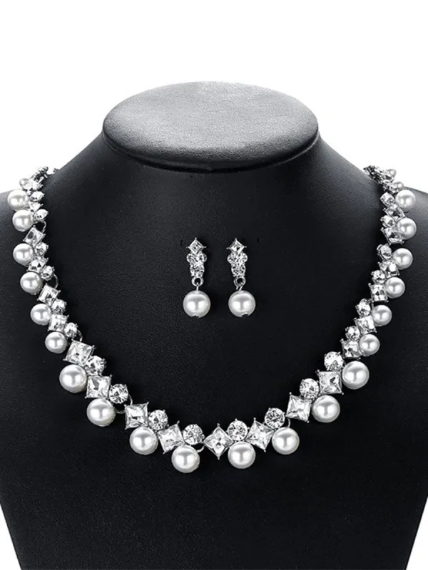 Women's Rhinestone Earrings Necklace Jewelry Set with Pearls sold by Lavetir