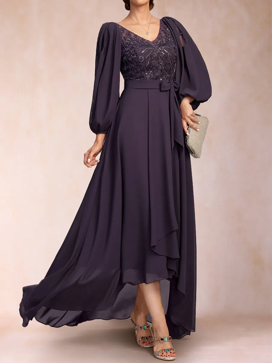 A-Line/Princess 3/4 Sleeves V-Neck Illusion Asymmetrical Floor-Length Mother of the Bride Dresses With Sequins & Sash sold by Lavetir product image thumbnail 3