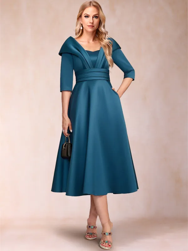 A-Line/Princess Sweetheart Collared 3/4 Sleeves Tea-Length Mother of the Bride Dresses with Pleated & Pockets sold by Lavetir