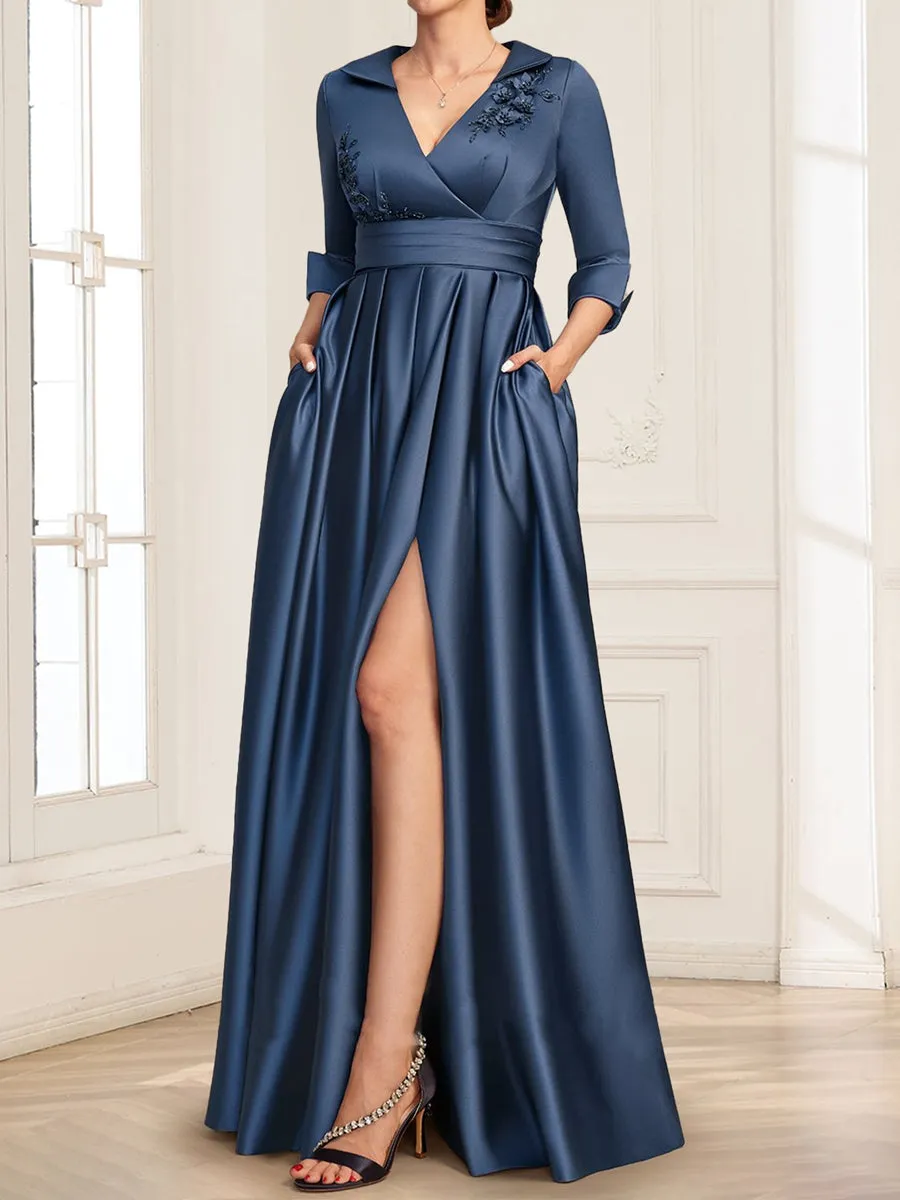 Satin A-Line/Princess V-Neck Collared 3/4 Sleeves Floor-Length Mother of the Bride Dresses with 3D Floral & Beading sold by Lavetir product image thumbnail 3