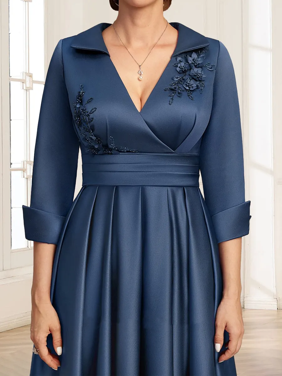 Satin A-Line/Princess V-Neck Collared 3/4 Sleeves Floor-Length Mother of the Bride Dresses with 3D Floral & Beading sold by Lavetir product image thumbnail 4