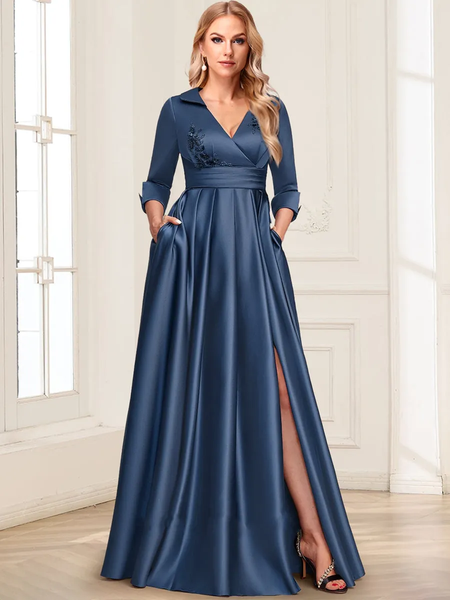 Satin A-Line/Princess V-Neck Collared 3/4 Sleeves Floor-Length Mother of the Bride Dresses with 3D Floral & Beading sold by Lavetir
