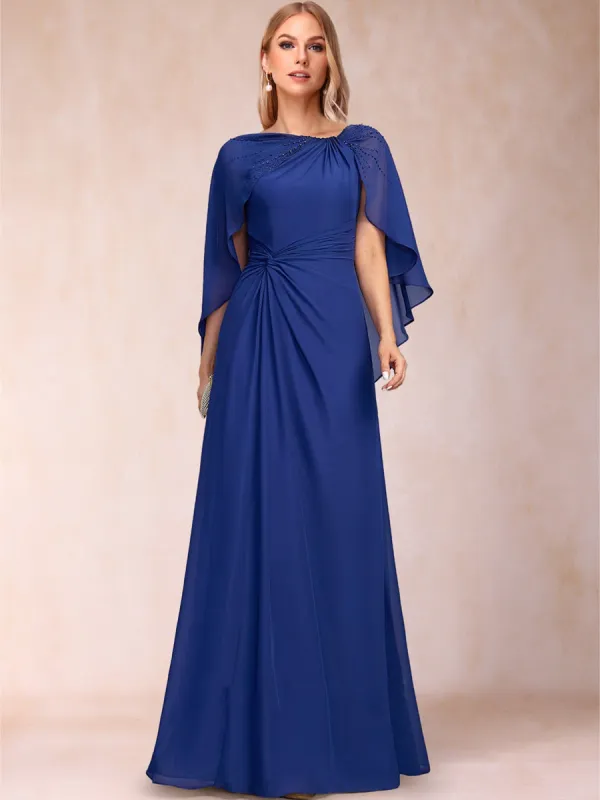 Chiffon A-Line Asymmetrical Cap Sleeves Floor-Length Mother Of The Bride Dresses With Pleated Beading sold by Lavetir