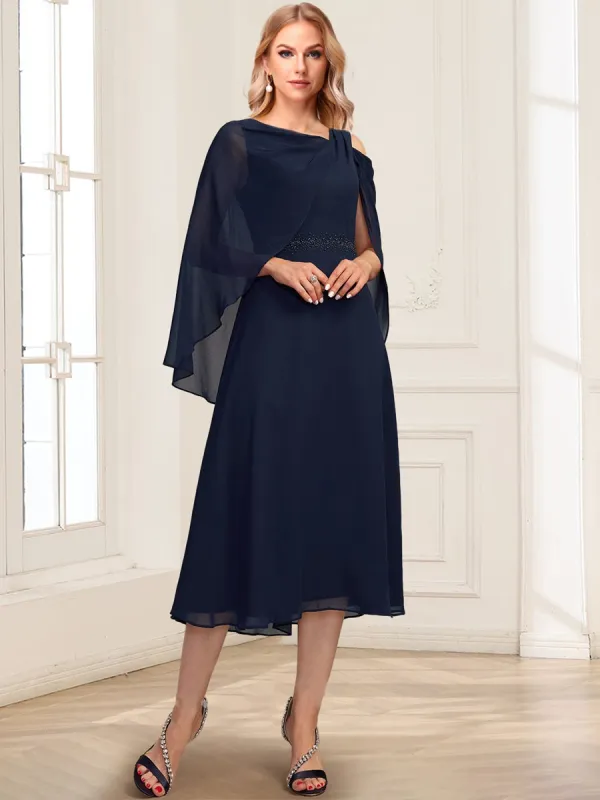 A-Line Asymmetrical Neck Tea-Length Mother Of The Bride Dresses With Beading & Cape sold by Lavetir