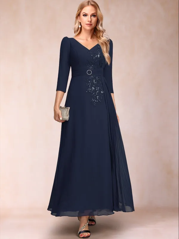 A-Line/Princess V-Neck 3/4 Sleeves Ankle-Length Mother Of The Bride Dresses With Sequins & Sash sold by Lavetir