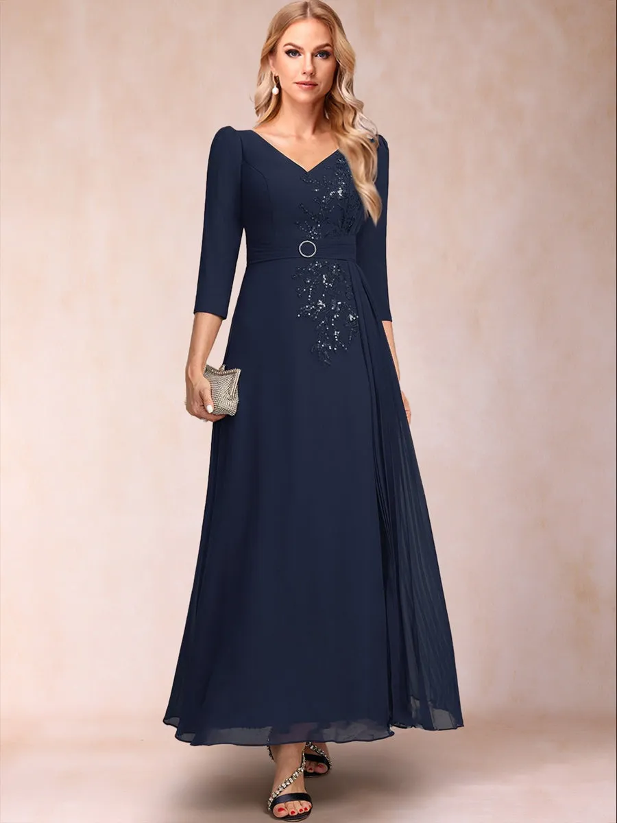 A-Line/Princess V-Neck 3/4 Sleeves Ankle-Length Mother Of The Bride Dresses With Sequins & Sash sold by Lavetir
