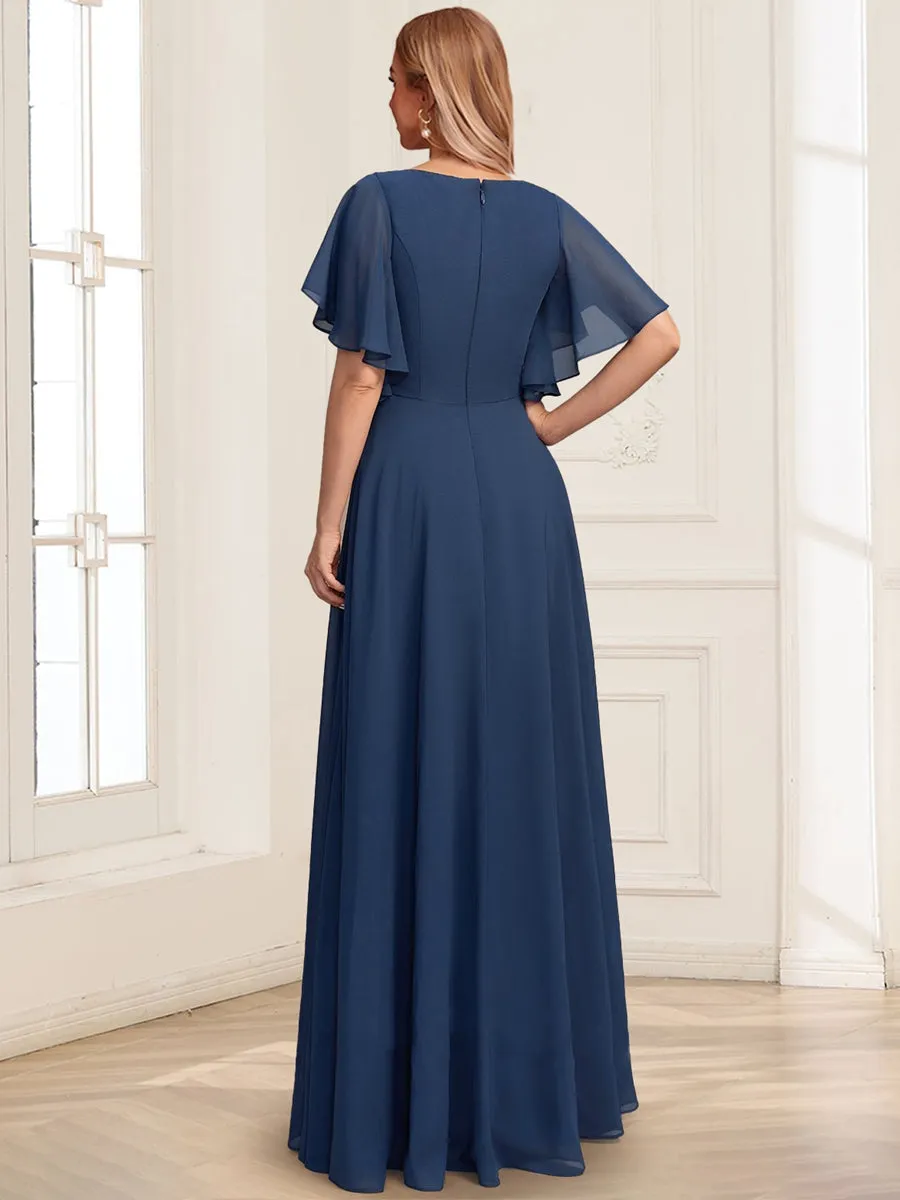 A-Line Asymmetrical V-Neck Short Sleeves Floor-Length Mother Of The Bride Dresses With Pleated Sequins sold by Lavetir product image thumbnail 2