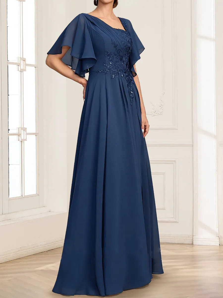 A-Line Asymmetrical V-Neck Short Sleeves Floor-Length Mother Of The Bride Dresses With Pleated Sequins sold by Lavetir product image thumbnail 3
