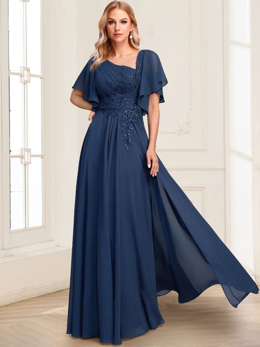 A-Line Asymmetrical V-Neck Short Sleeves Floor-Length Mother Of The Bride Dresses With Pleated Sequins sold by Lavetir