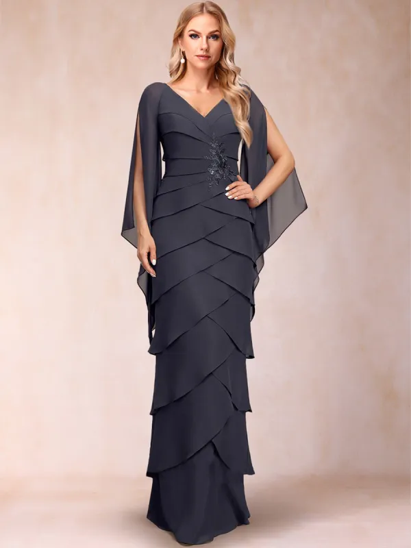 Chiffon Sheath/Column V-Neck Floor-Length Flutter Sleeves Mother Of The Bride Dresses With Ruffle Sequins Appliques Lace sold by Lavetir