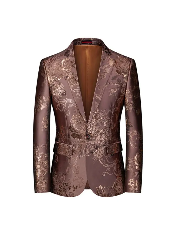 Tailored Fit Notched Lapel Single Breasted One-button Gilded Printed Men's Party Jacket sold by Lavetir