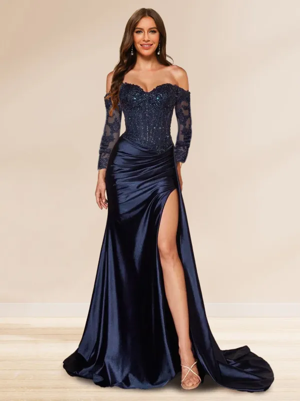 Trumpet/Mermaid Off-the-Shoulder Long Sleeves Sweep Train Sequined Evening Dresses with Split Side sold by Lavetir