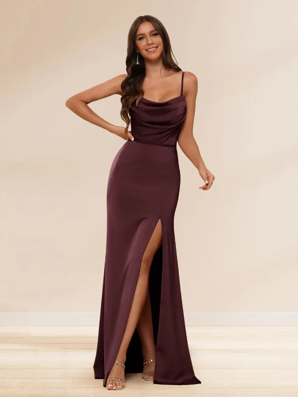 Sheath/Column Spaghetti Straps Long Formal Dresses with Split Side & Ruched sold by Lavetir