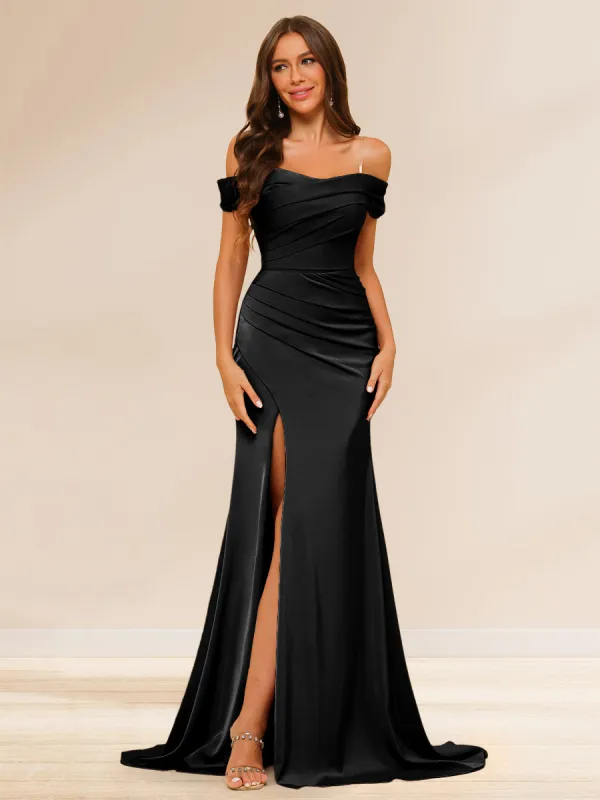 Sheath/Column Off-the-Shoulder Long Evening Dresses with Split Side & Ruched sold by Lavetir