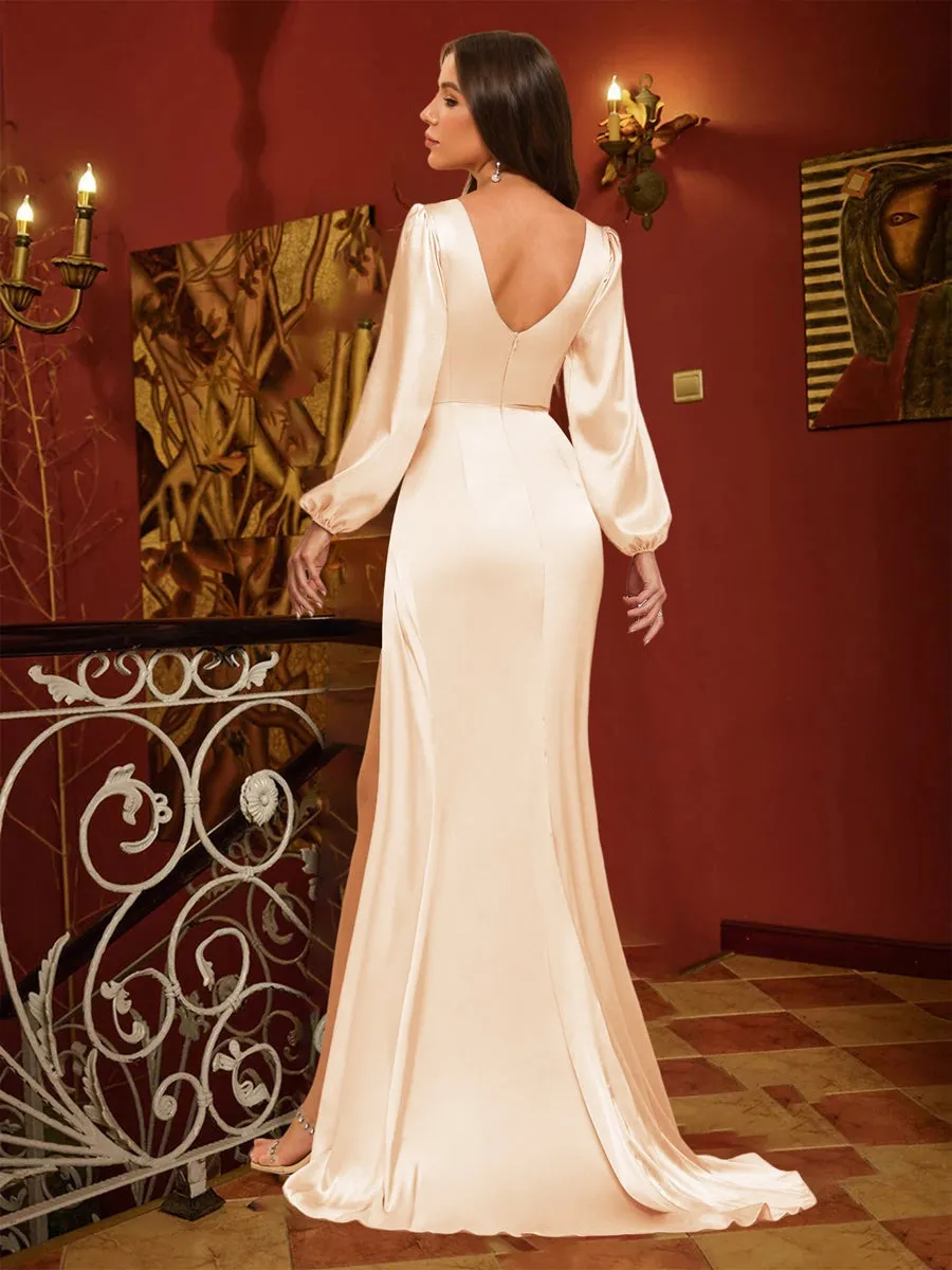 Sheath/Column V-Neck Long Sleeves Evening Dresses with Split Side & Ruched sold by Lavetir product image thumbnail 2