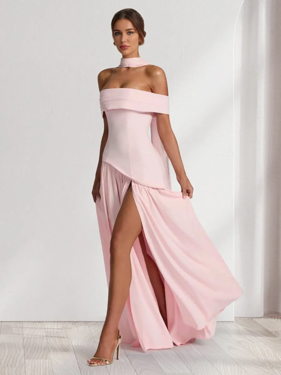 Chiffon Sheath/Column Off-the-Shoulder Floor-Length Bridesmaid Dress With Scarf & Split Side sold by Lavetir