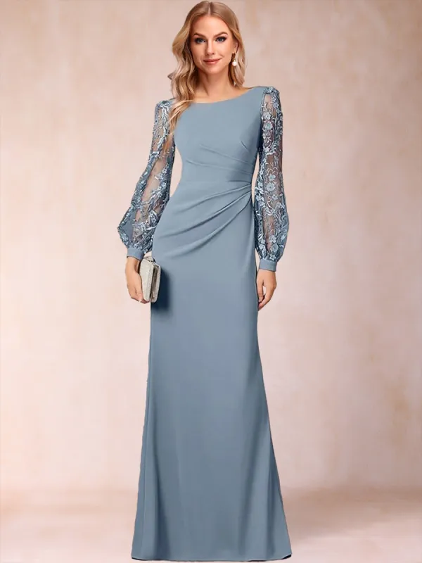 Sheath/Column Scoop Long Sleeves Floor-Length Chiffon Mother Of The Bride Dresses With Lace Embroidery sold by Lavetir