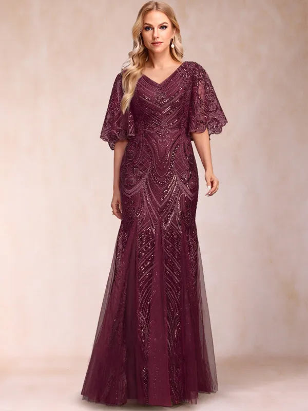Trumpet/Mermaid V-Neck Floor-Length Half Sleeves Mother Of The Bride Dresses With Appliques Lace & Sequin sold by Lavetir