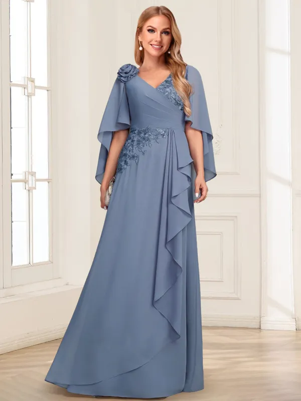 Chiffon A-Line V-Neck Floor-Length Mother Of The Bride Dresses With  3D Floral & Ruffles sold by Lavetir