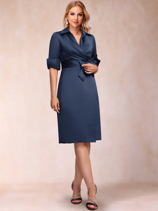 Sheath/Column Collared V-Neck Half Sleeves Knee-Length Mother of the Bride Dresses with Bow & Pleats sold by Lavetir
