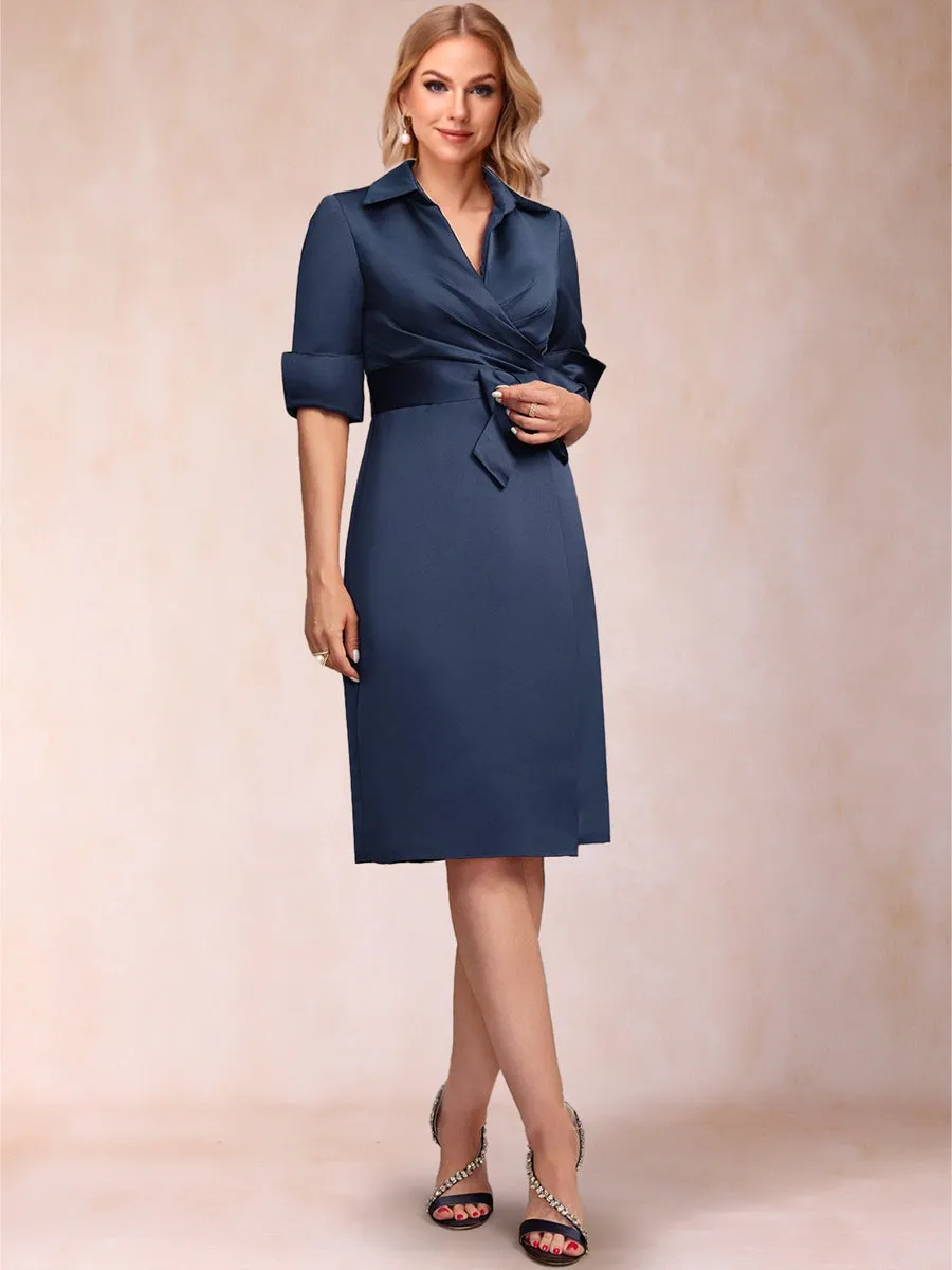 Sheath/Column Collared V-Neck Half Sleeves Knee-Length Mother of the Bride Dresses with Bow & Pleats sold by Lavetir