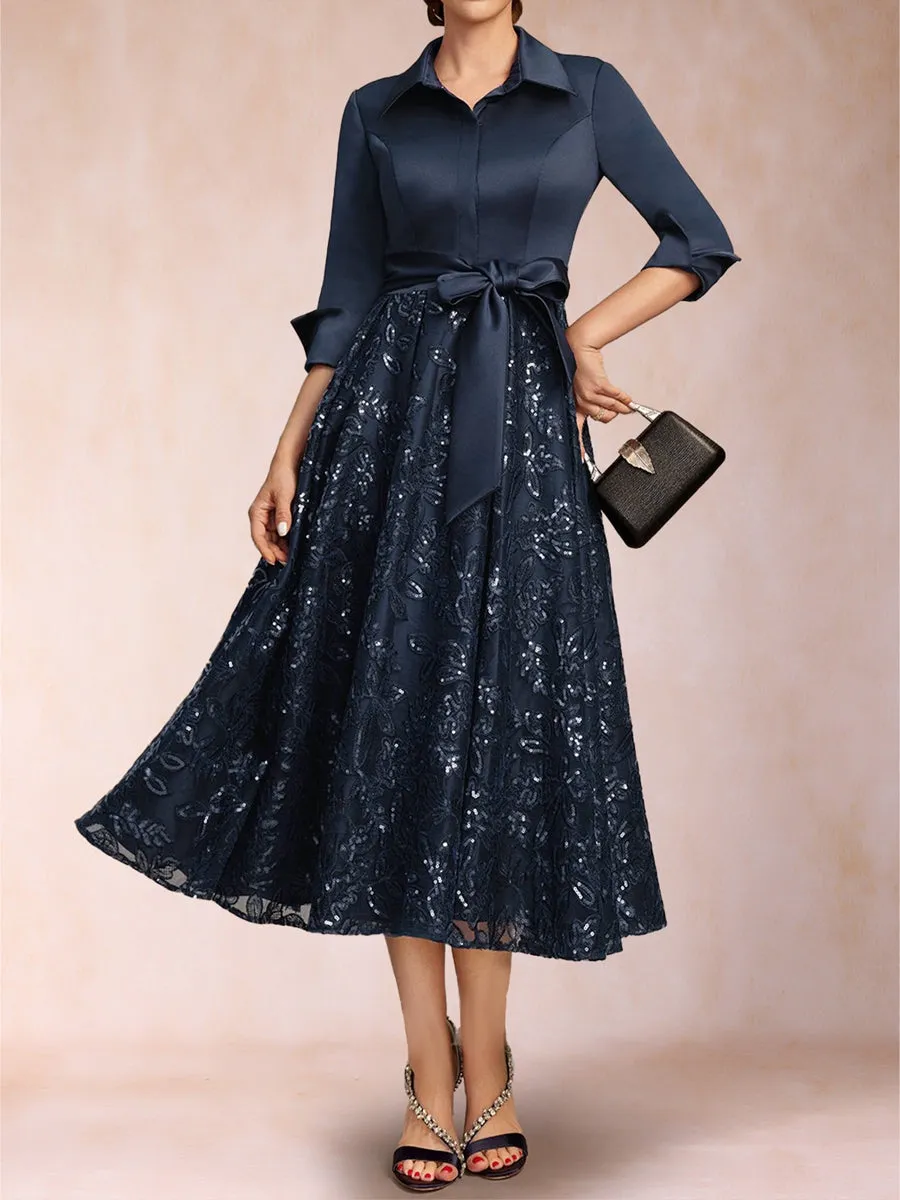 A-Line/Princess Collared V-Neck Long Sleeves Tea-Length Mother of the Bride Dresses with Bow & Lace Sequin sold by Lavetir product image thumbnail 3