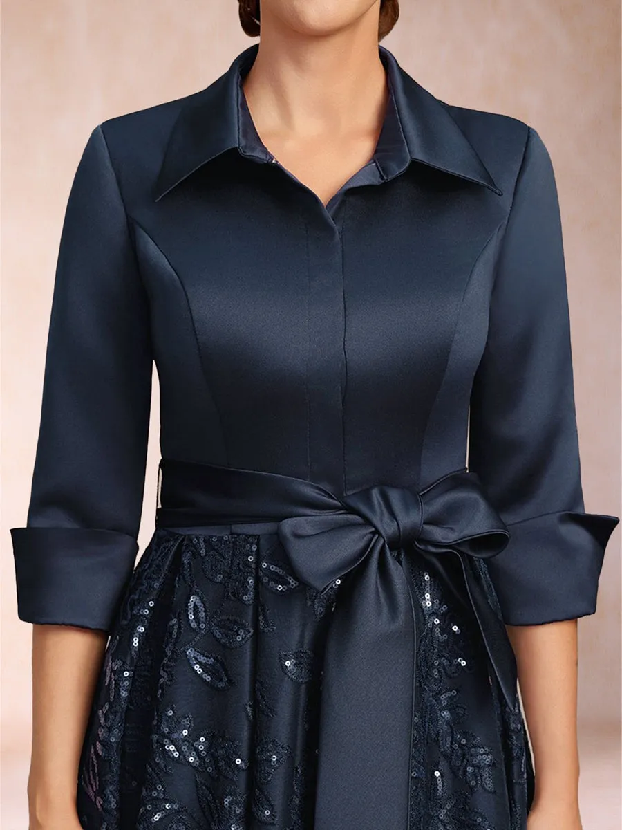 A-Line/Princess Collared V-Neck Long Sleeves Tea-Length Mother of the Bride Dresses with Bow & Lace Sequin sold by Lavetir product image thumbnail 4