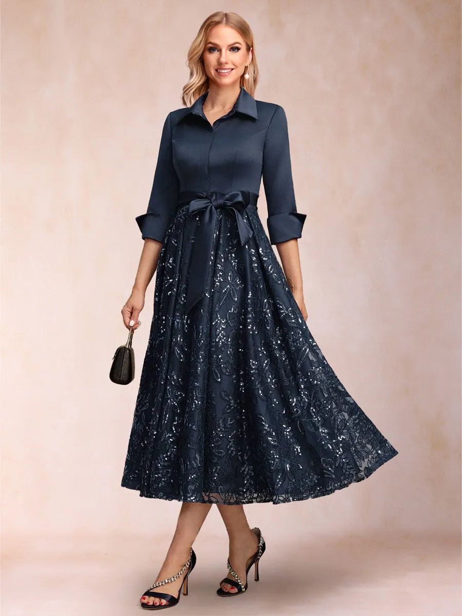 A-Line/Princess Collared V-Neck Long Sleeves Tea-Length Mother of the Bride Dresses with Bow & Lace Sequin sold by Lavetir