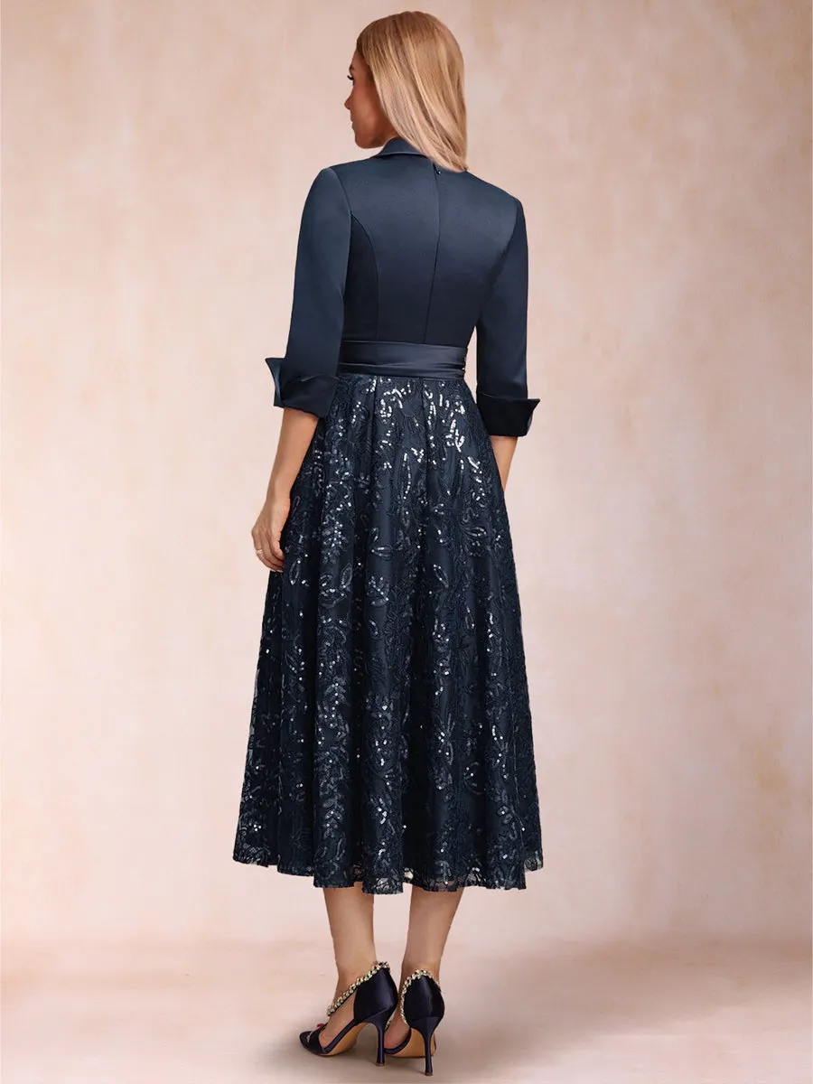 A-Line/Princess Collared V-Neck Long Sleeves Tea-Length Mother of the Bride Dresses with Bow & Lace Sequin sold by Lavetir product image thumbnail 2