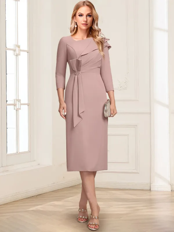 Sheath/Column Asymmetrical V-neck 3/4 Sleeves Tea-Length Mother of the Bride Dresses with Pleats & Beading sold by Lavetir