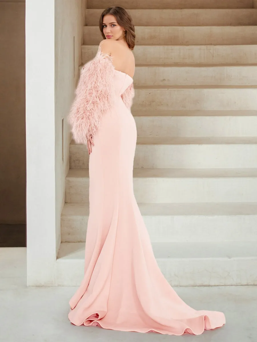 Satin Trumpet/Mermaid Strapless Long Sleeves with Feather Sweep train/brush train Evening Dresses sold by Lavetir product image thumbnail 2