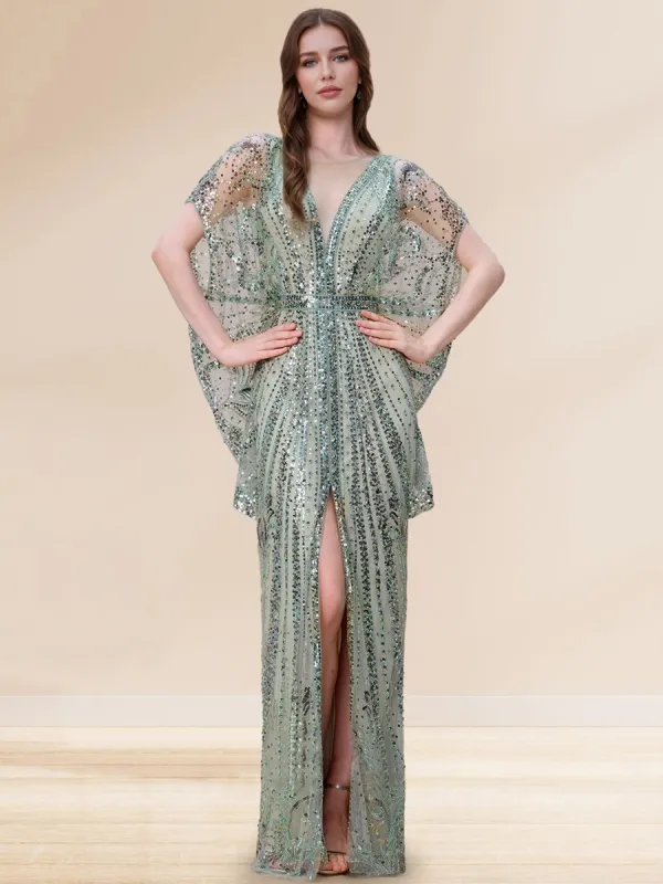 Sequin Sheath/Column V-Neck Cape Sleeves Floor-Length Evening Dresses with Split sold by Lavetir