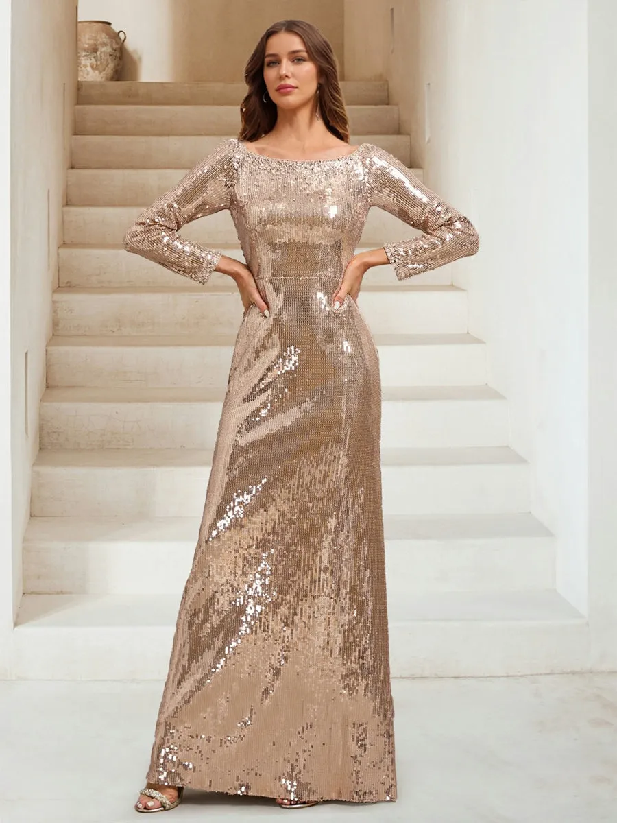 Sequin Sheath/Column Scoop Long Sleeves Floor-Length Evening Dresses with Beading sold by Lavetir