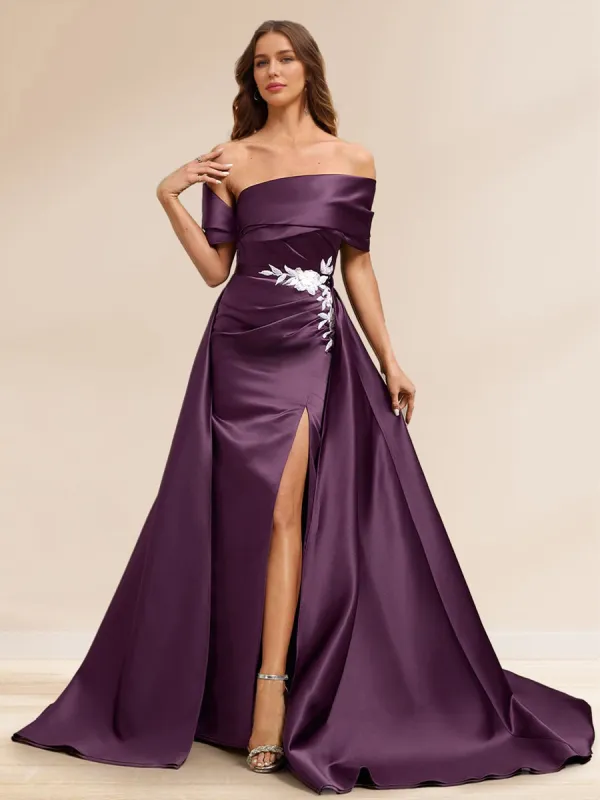 Sheath/Column Off the Shoulder Floor-Length Detachable Evening Dresses with Overskirt & Appliques sold by Lavetir