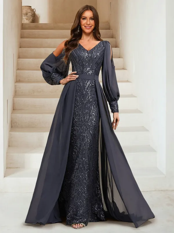 Sheath/Column V-Neck Long Sleeves Floor-Length Evening Dresses with Sequins & Overskirt sold by Lavetir