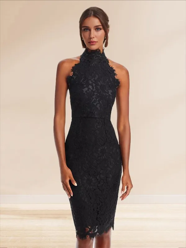 Sheath/Cloumn High Neck Lace Midi Cocktail Dresses with Back Slit sold by Lavetir