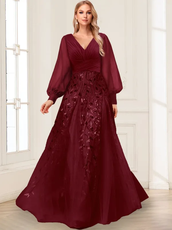 A-Line V-Neck Long Sleeves Split Side Mother of the Bride Dresses with Appliques sold by Lavetir