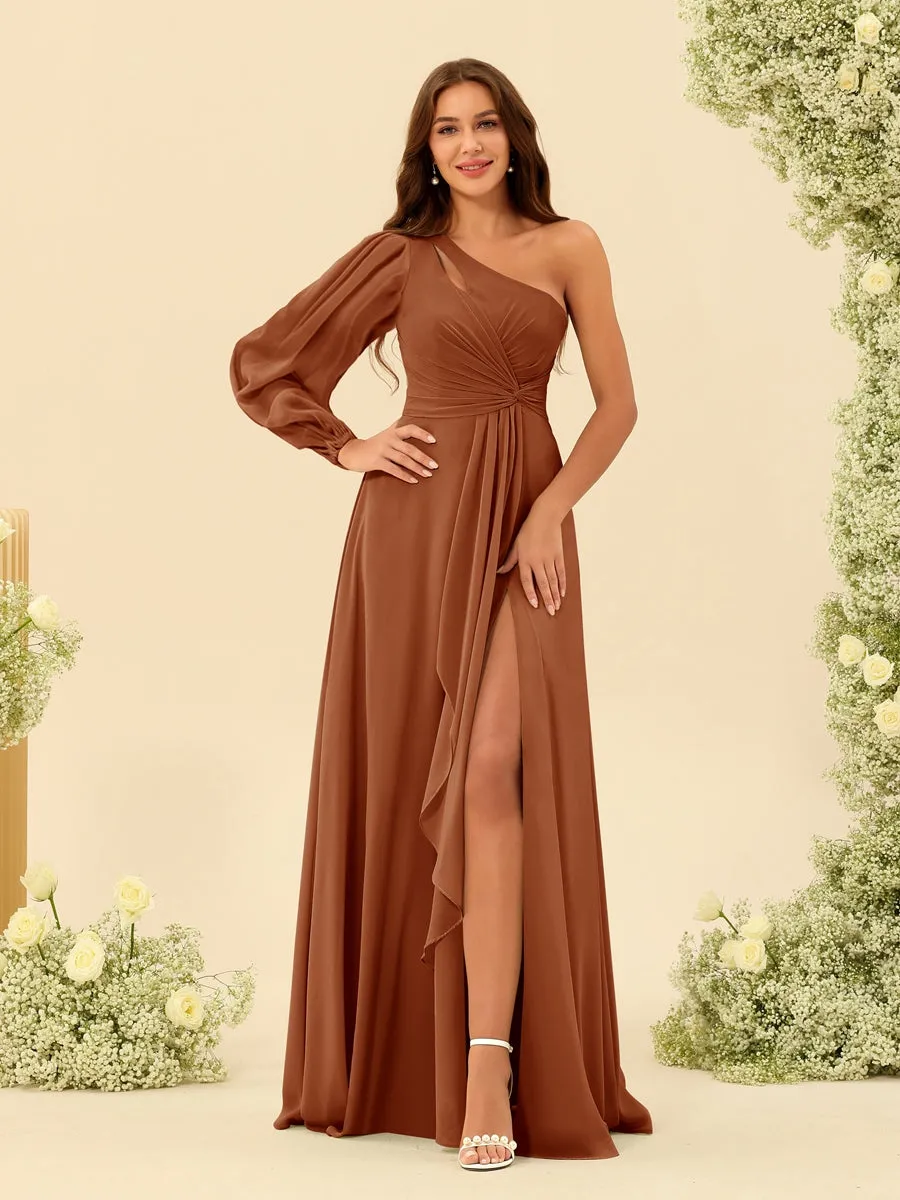 A-Line/Princess One-Shoulder Long Bridesmaid Dresses with Split Side sold by Lavetir