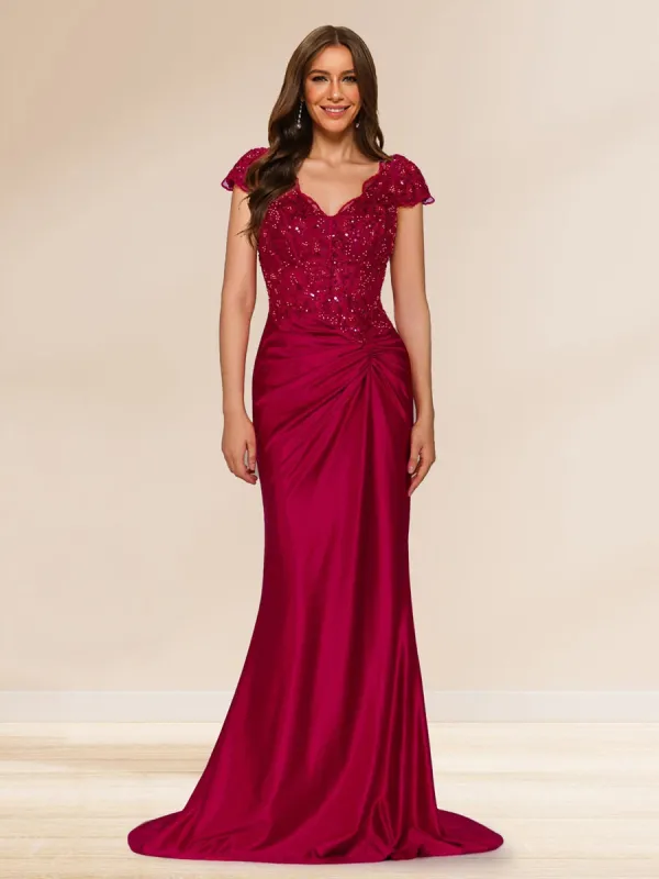 Sheath/Column V-Neck Sweep Brush Train Ruched Evening Dresses with Sequin Appliques sold by Lavetir