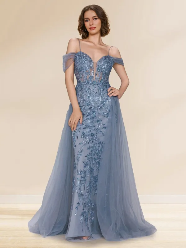 Sheath/Column Off-the-Shoulder Spaghetti Straps Maxi Tulle Evening Dresses with Sequin Appliques sold by Lavetir