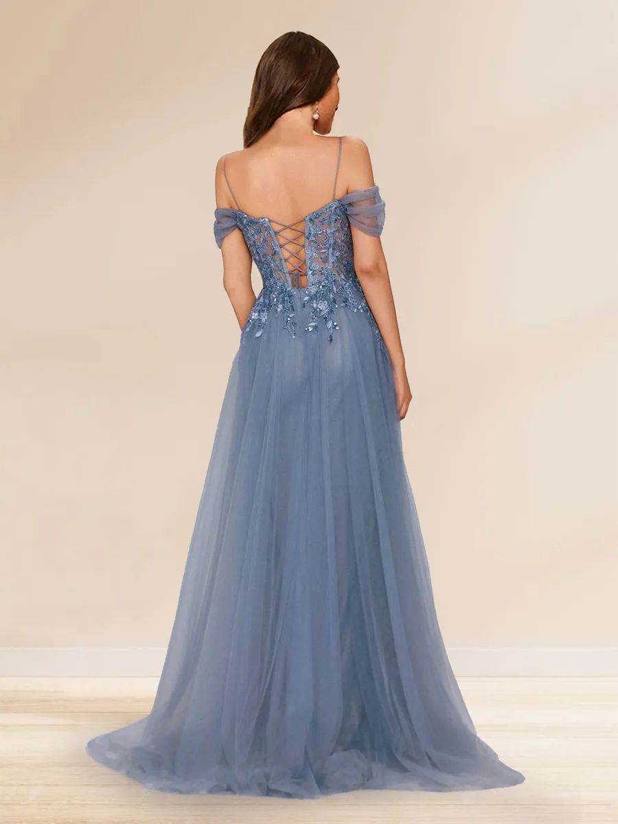 Sheath/Column Off-the-Shoulder Spaghetti Straps Maxi Tulle Evening Dresses with Sequin Appliques sold by Lavetir product image thumbnail 2